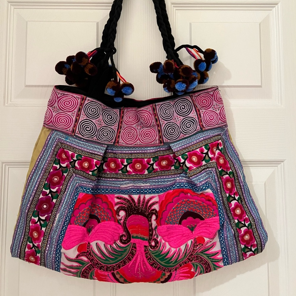 New Boho Thai vintage fabric handmade embroidered Pom Pom bag tote